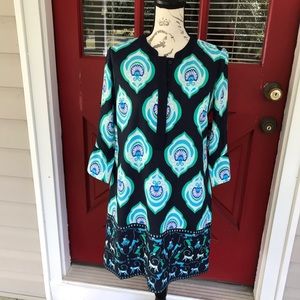 Crown & Ivy Women’s 3/4 Sleeve Blue Green Seashell Monkey Boho Print Dress NWT 6